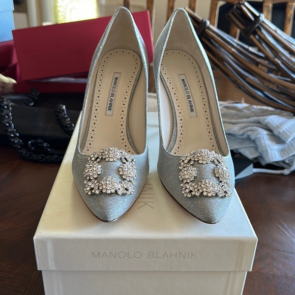 Manolo blahniksilver high heels just tried them on
